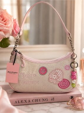 Juicy Couture Cream and Pink Patchwork Crest Shoulder Bag